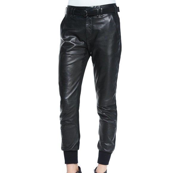 Vince Belted Super Soft Lamb Leather Jogger Pants 4 Black on Black - Picture 1 of 9